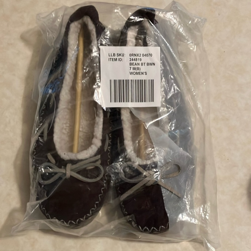 L.L. Bean Dark Brown Hearthside Moccasin Slippers with Shearling
